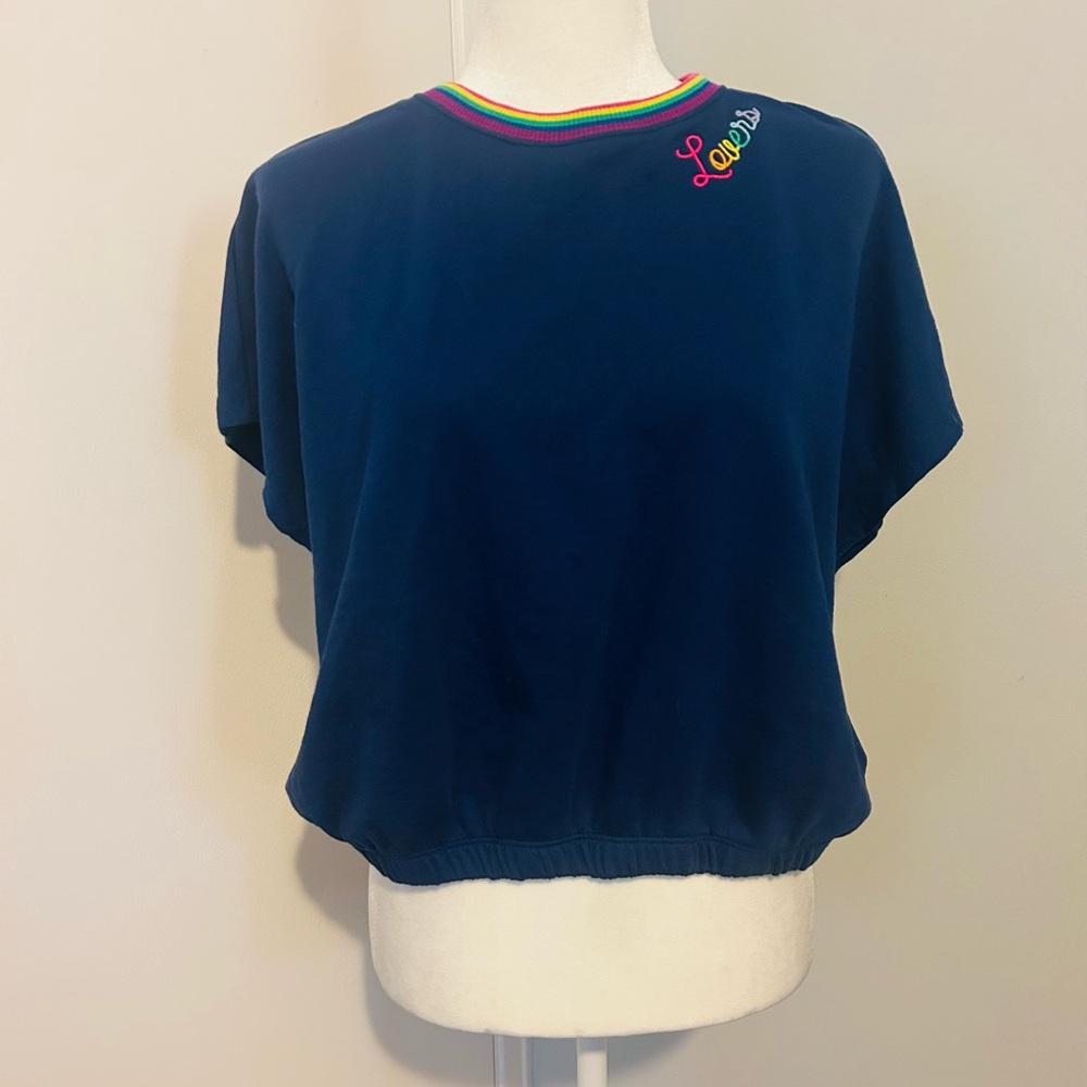Lovers  Women's Blue Top with Rainbow Trim, Size Large.
